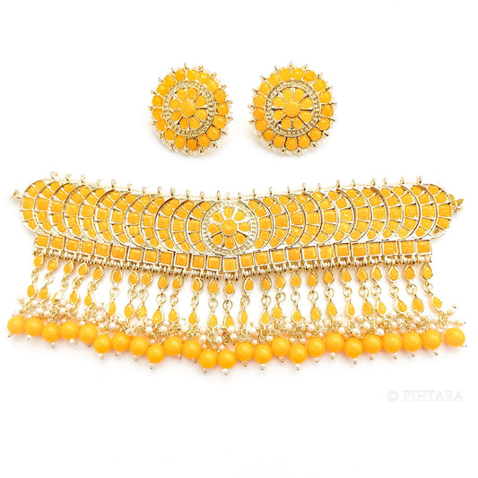 Haldi yellow choker with matching studs