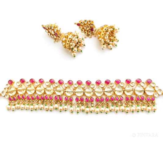 pink and white kundan choker set