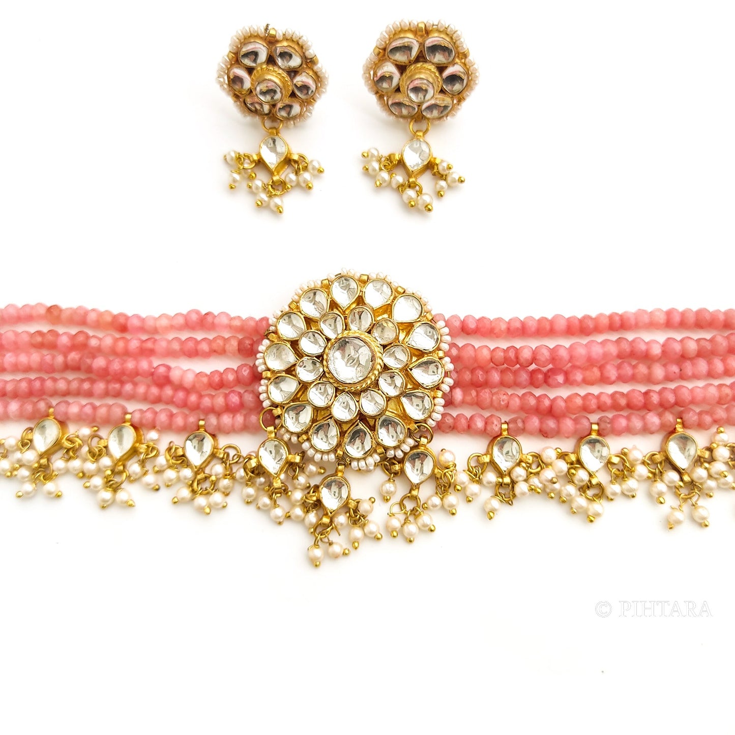Pink choker set with kundan pendant and kundan earrings