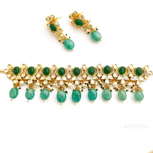 Polki choker with green stones and green beads