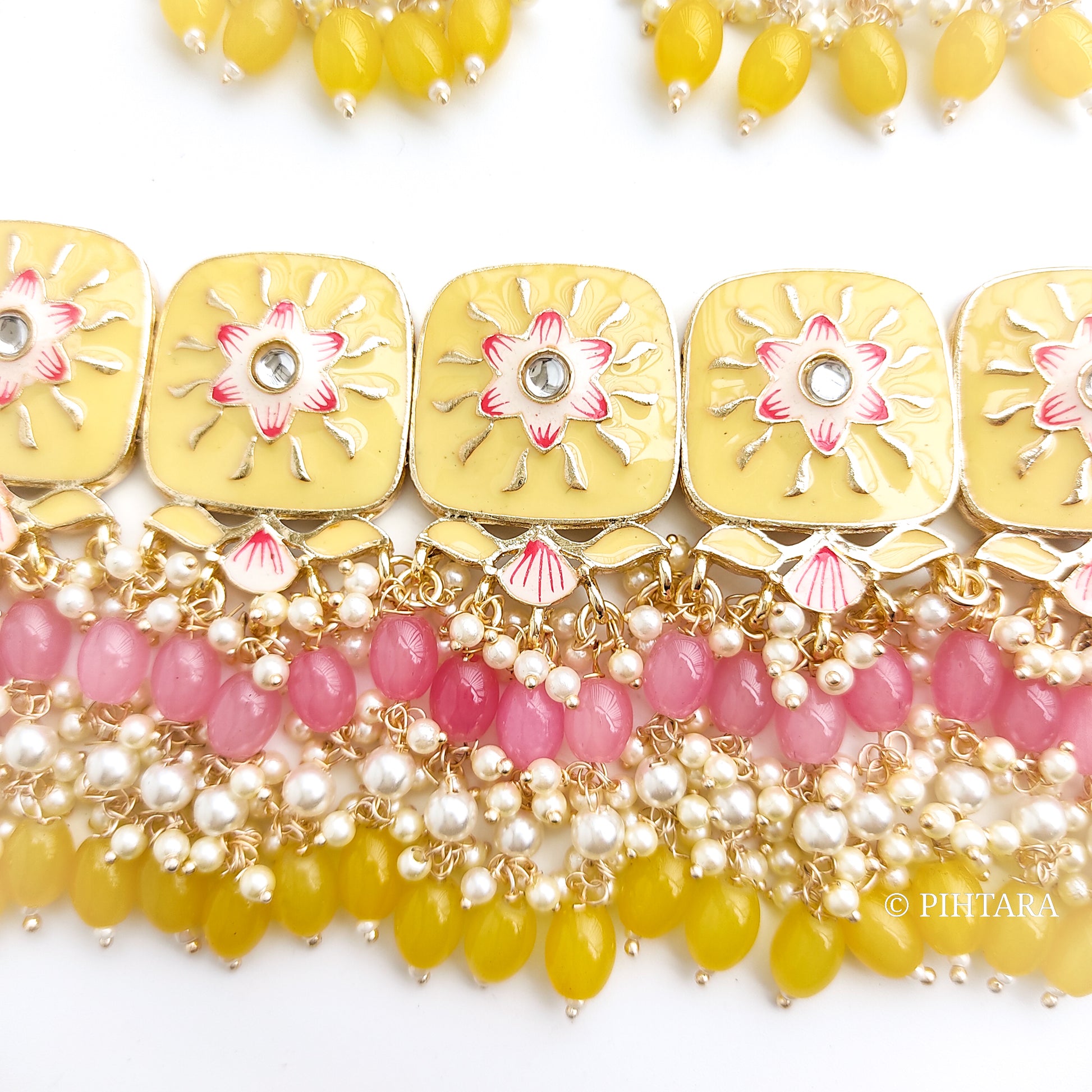 Pastel Yellow meenakari choker set with pink beads