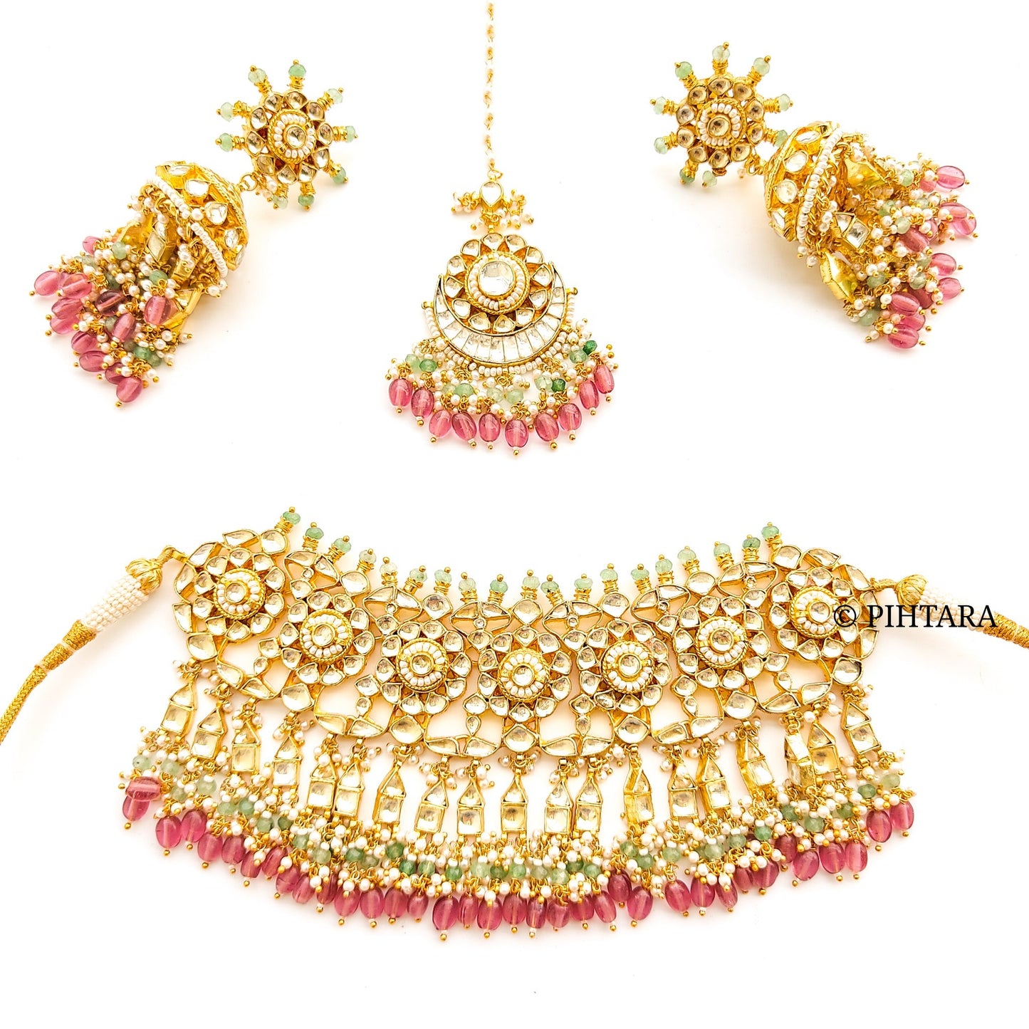 Jadau kundan choker set with pink beads