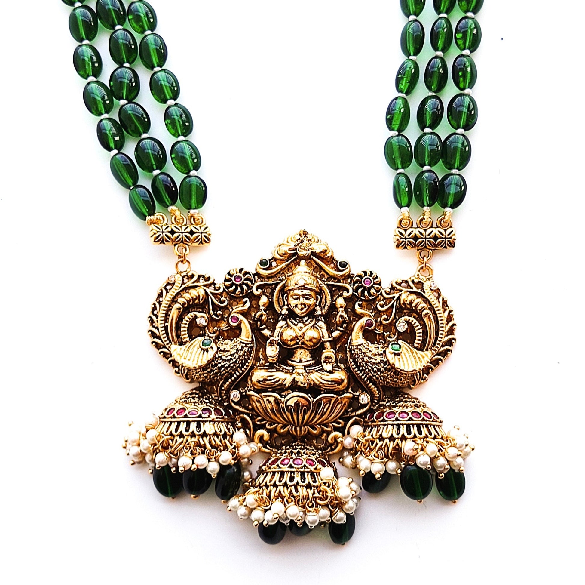 green beads haar with lakshmi pendant